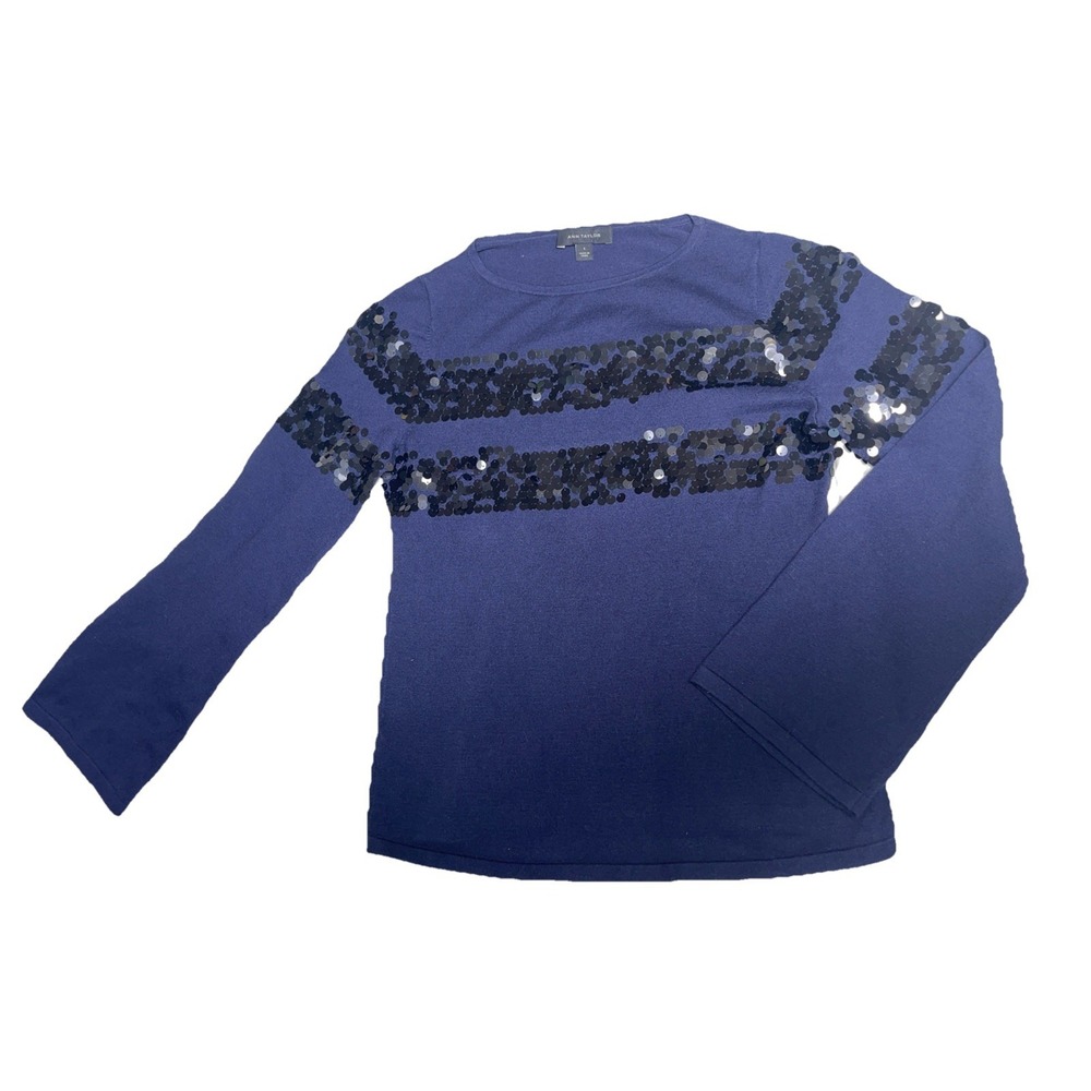 Ann Taylor Striped Sequin Pullover Sweater Size Small‎ Crewneck Navy Black Knit
